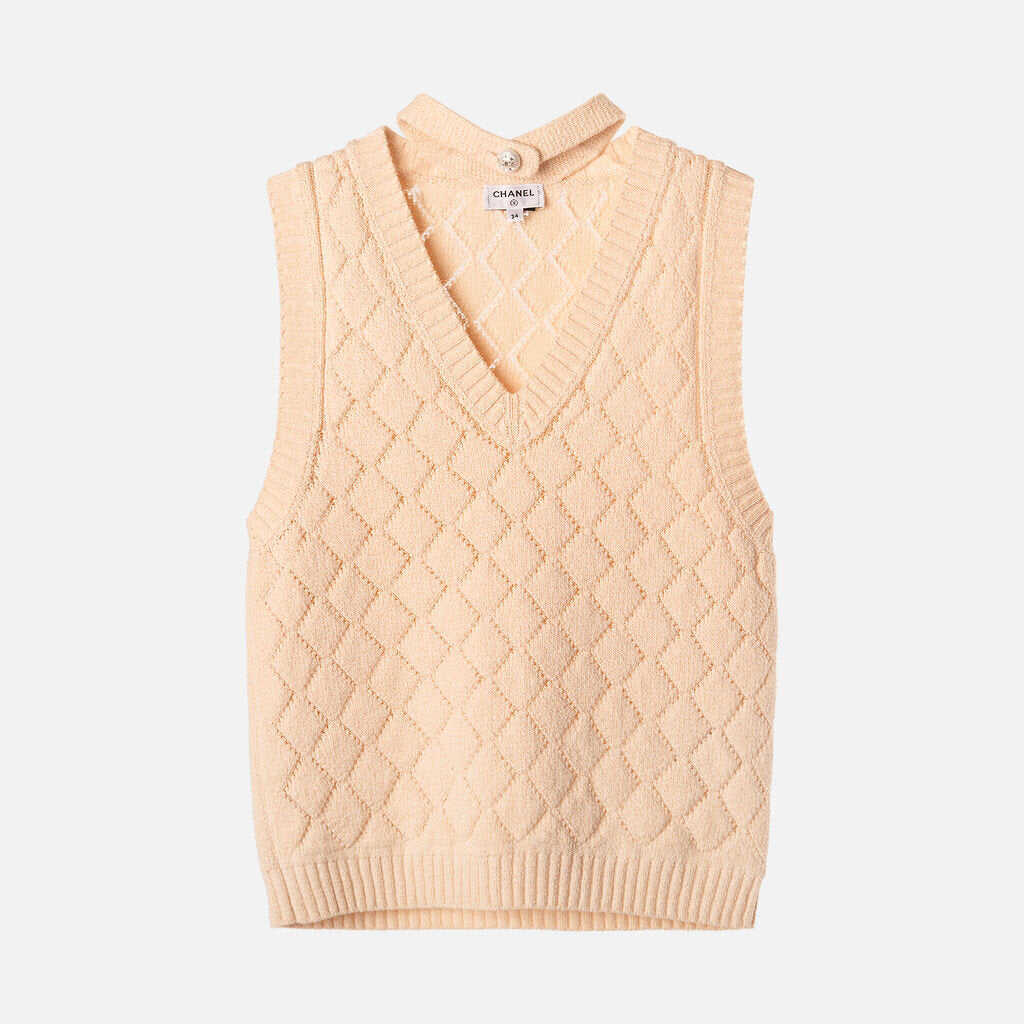 Beige Cotton Diamond Quilted Sweater Vest