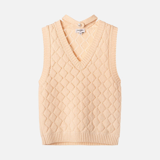 Beige Cotton Diamond Quilted Sweater Vest