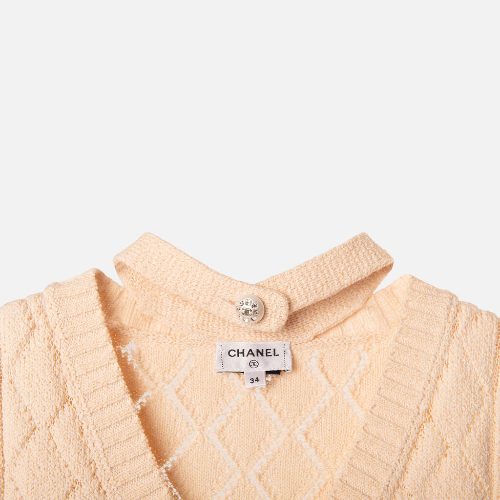Beige Cotton Diamond Quilted Sweater Vest