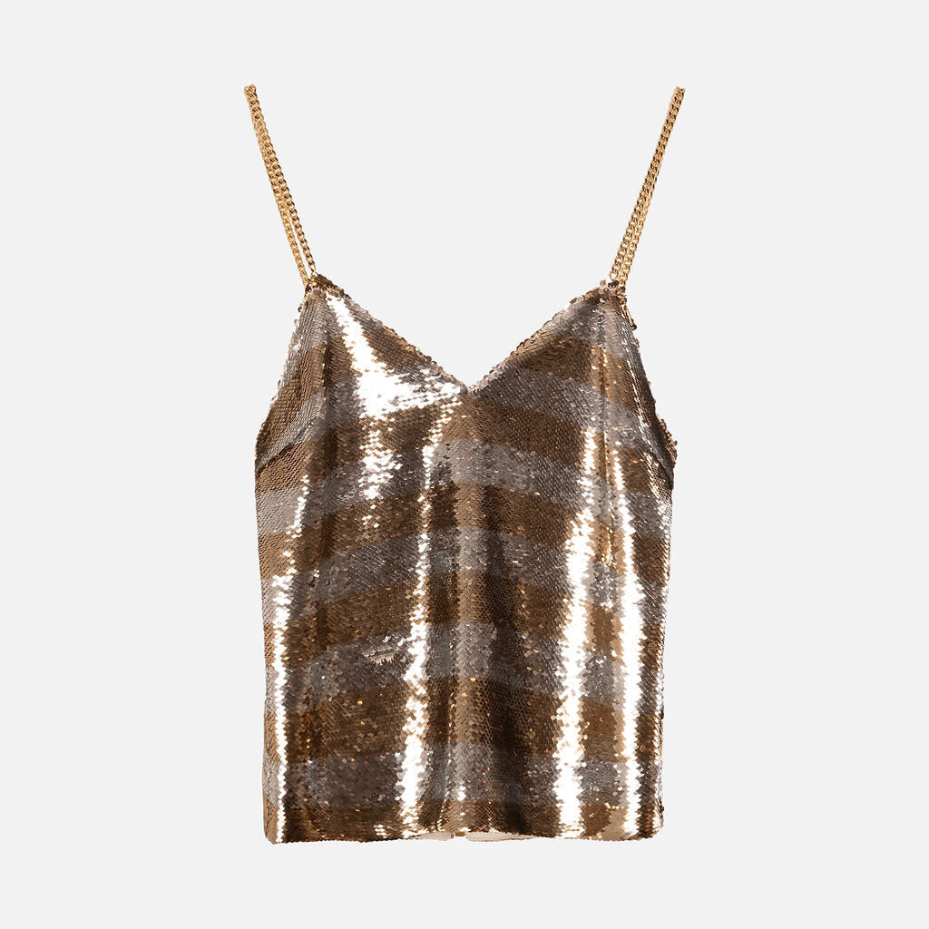 Balmain Silver/Gold Sequined V Neck Gold Chain Straps