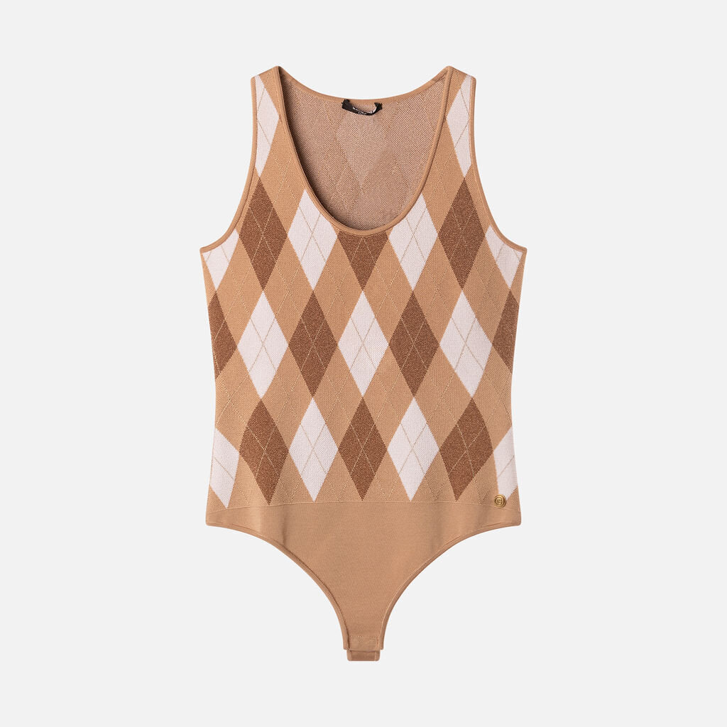 Balmain Tan/White Argyle Viscose Blend Bodysuit