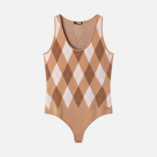 Balmain Tan/White Argyle Viscose Blend Bodysuit