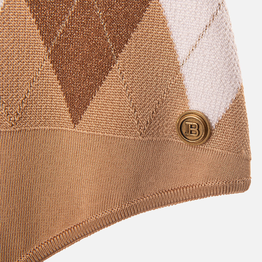 Balmain Tan/White Argyle Viscose Blend Bodysuit