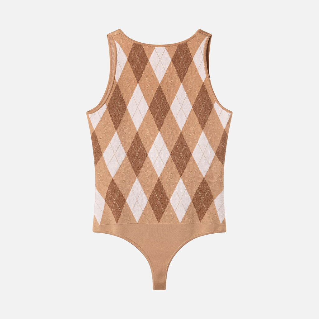 Balmain Tan/White Argyle Viscose Blend Bodysuit