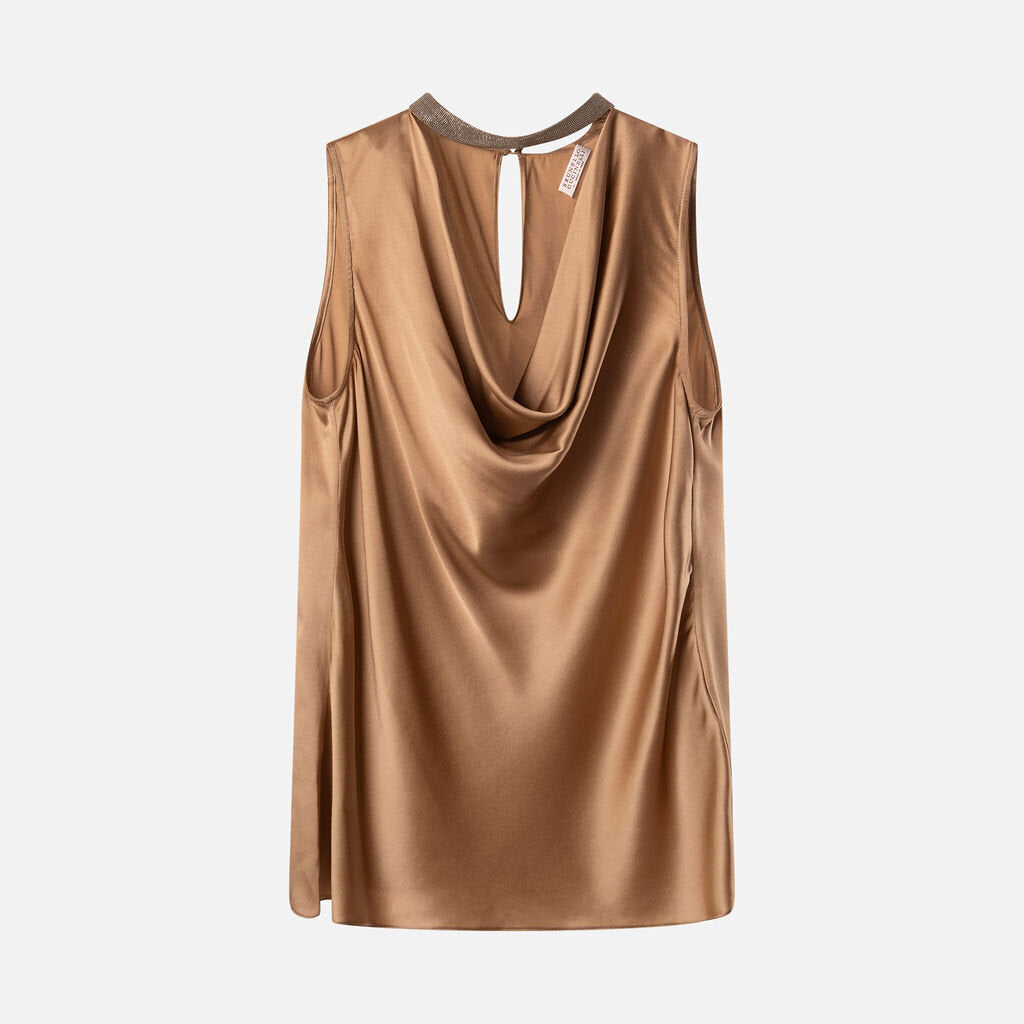 Brunello Cucinelli Bronze Silk Monili Collar Cowl Neck Top