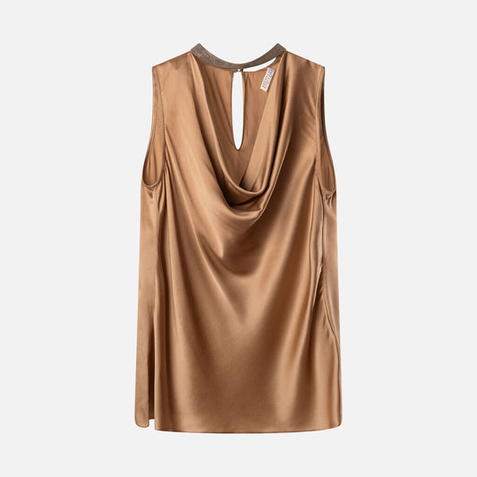 Brunello Cucinelli Bronze Silk Monili Collar Cowl Neck Top