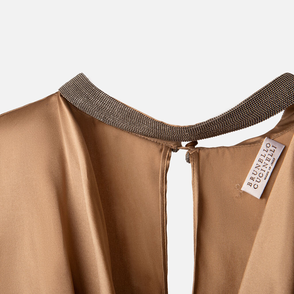 Brunello Cucinelli Bronze Silk Monili Collar Cowl Neck Top