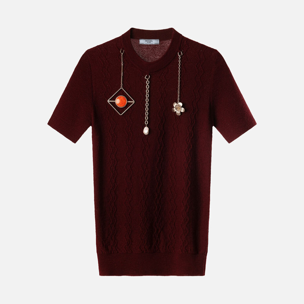 Prada Burgundy Wool Pendant-Accent Sweater