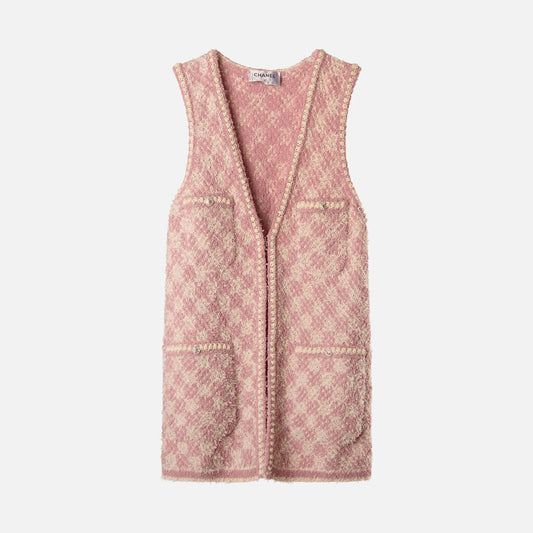 Chanel Pink & White Checkered Tweed Vest