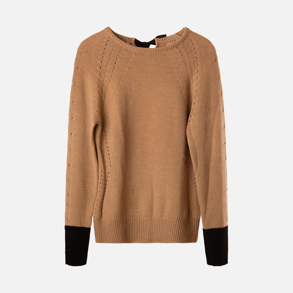 Oscar by Oscar de la Renta Tan/Black Wool Back Tie Sweater
