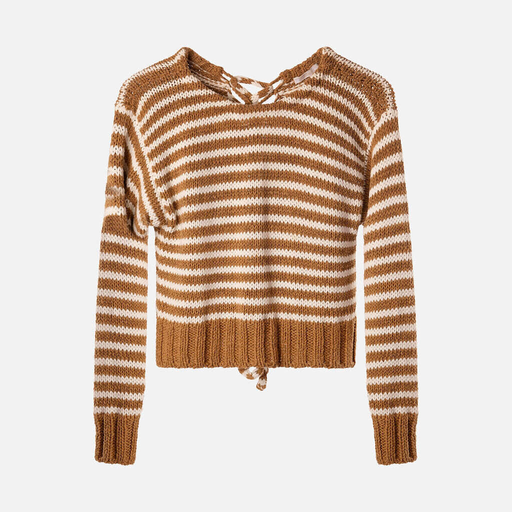 Chloe Brown/White Cotton Blend Striped Sweater