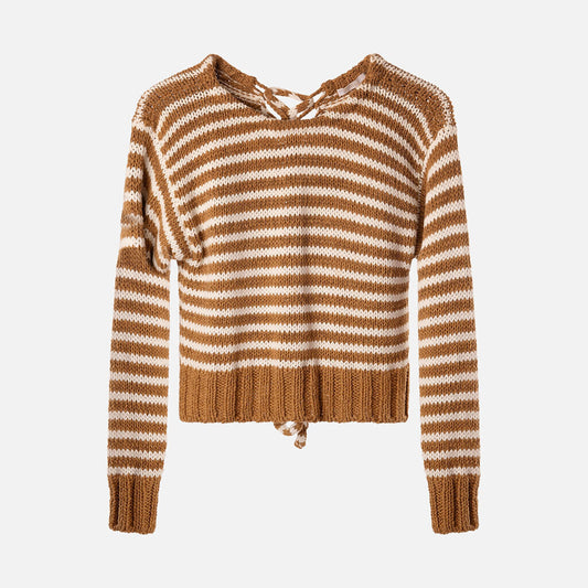Chloe Brown/White Cotton Blend Striped Sweater