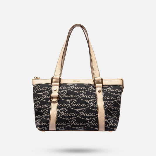 Gucci Abbey Navy Canvas Leather Tote Shoulder Bag