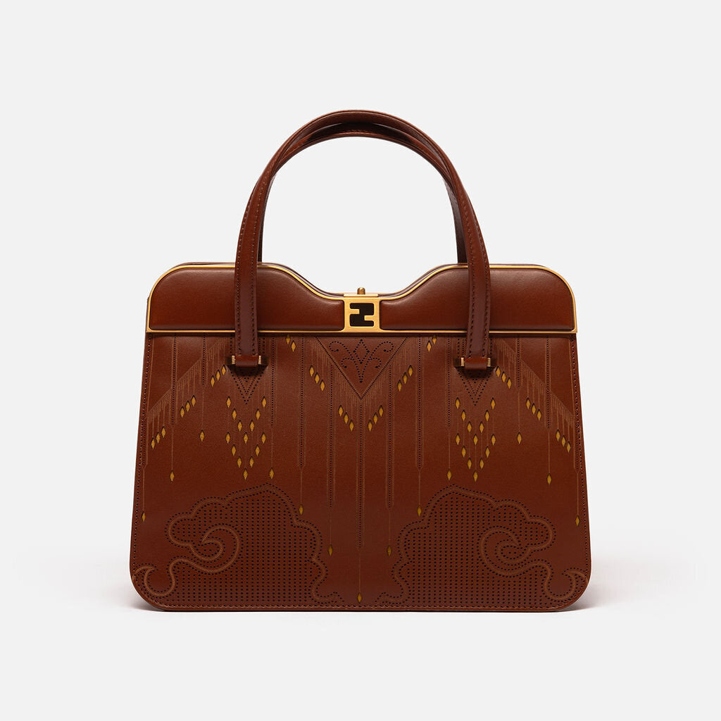 Fendi Brown Laser Cut Leather Top Handle Bag