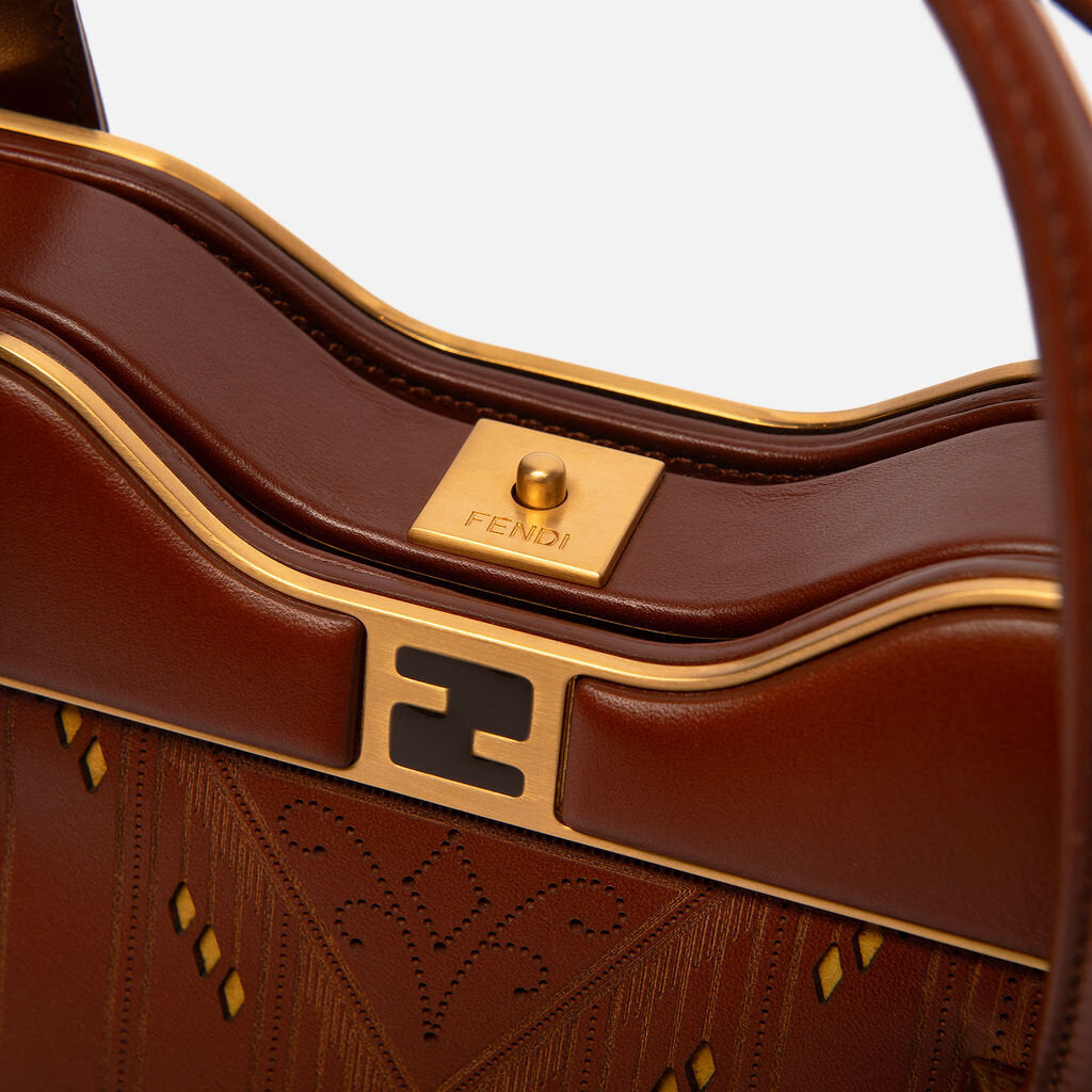 Fendi Brown Laser Cut Leather Top Handle Bag