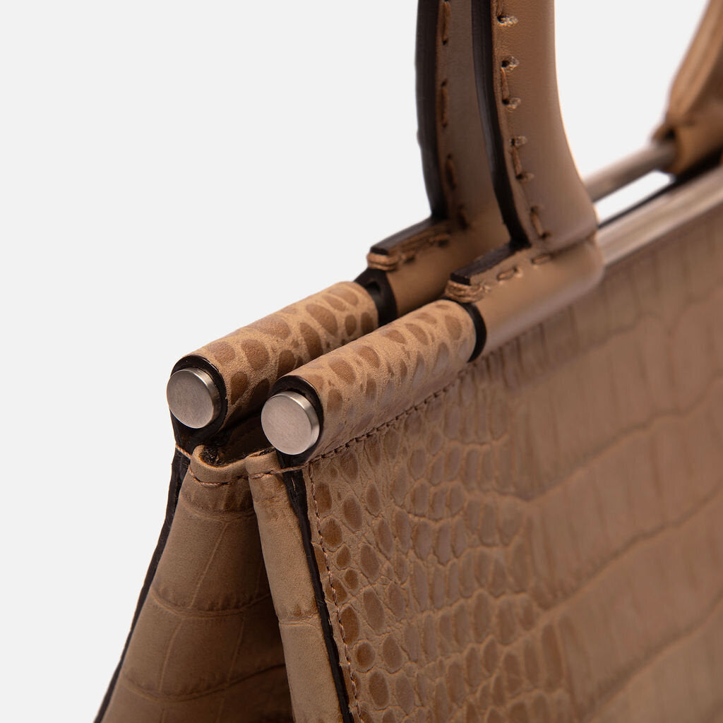 Ferragamo Light Brown Croc Embossed Top Handle Bag