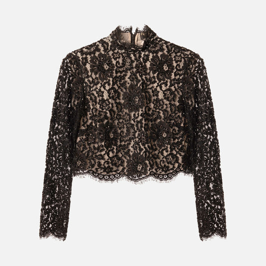 Alice + Olivia Black Sequin Lace Top & Skirt Set