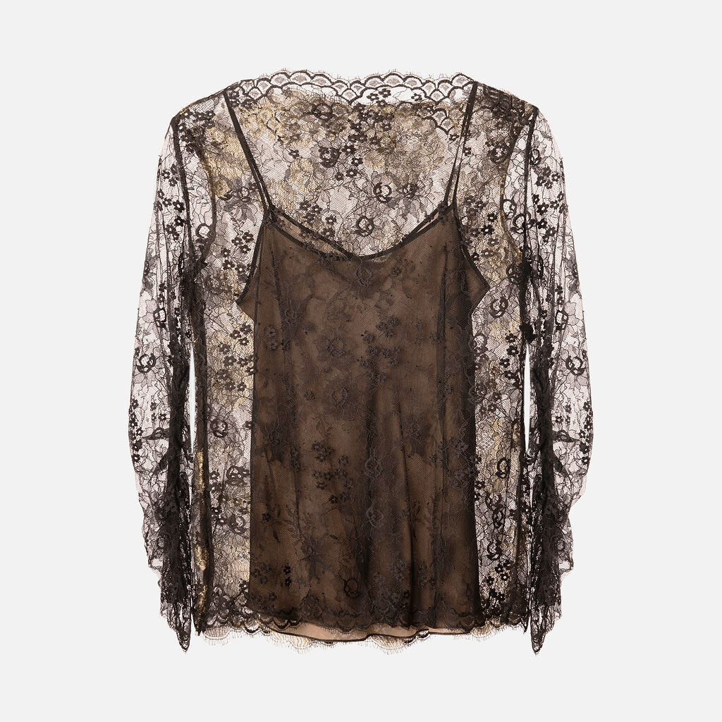 Oscar de la Renta Black Floral Lace Overlay Gold Metallic Top