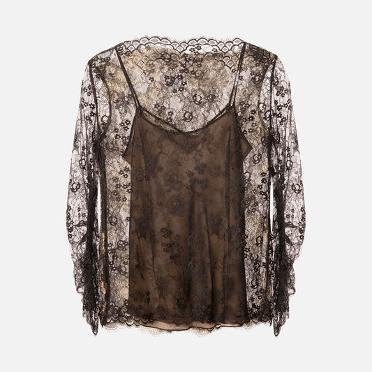 Oscar de la Renta Black Floral Lace Overlay Gold Metallic Top