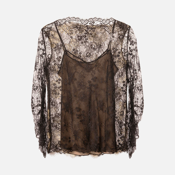 Oscar de la Renta Black Floral Lace Overlay Gold Metallic Top