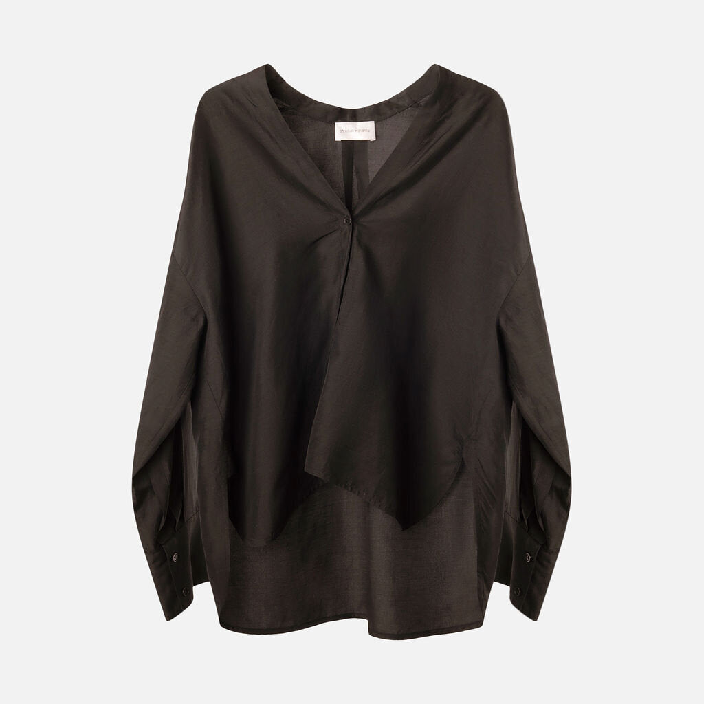 Christian Wijnants Black V Neck Button Long Sleeve Rayon & Linen Blouse