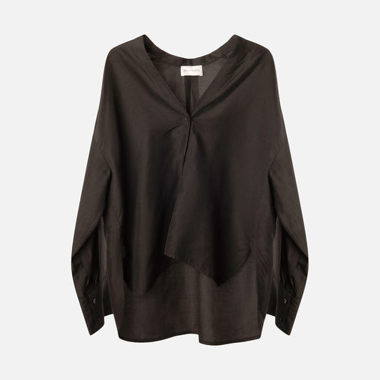 Christian Wijnants Black V Neck Button Long Sleeve Rayon & Linen Blouse