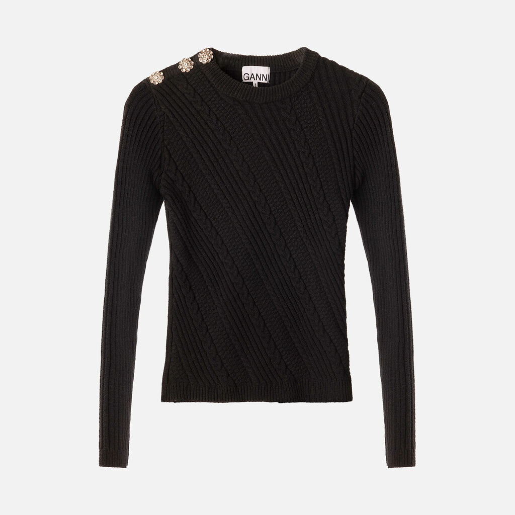 Ganni Black Cotton Crystal Embellished Sweater