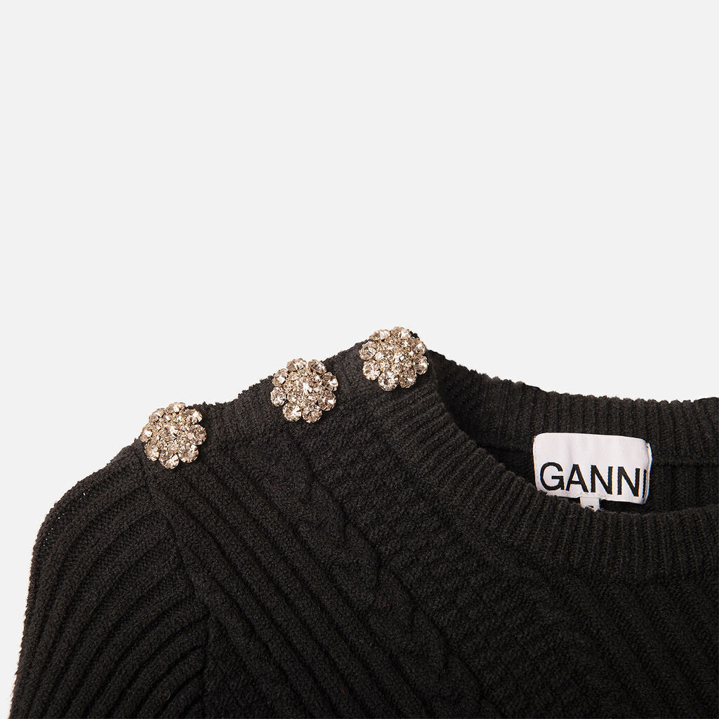 Ganni Black Cotton Crystal Embellished Sweater
