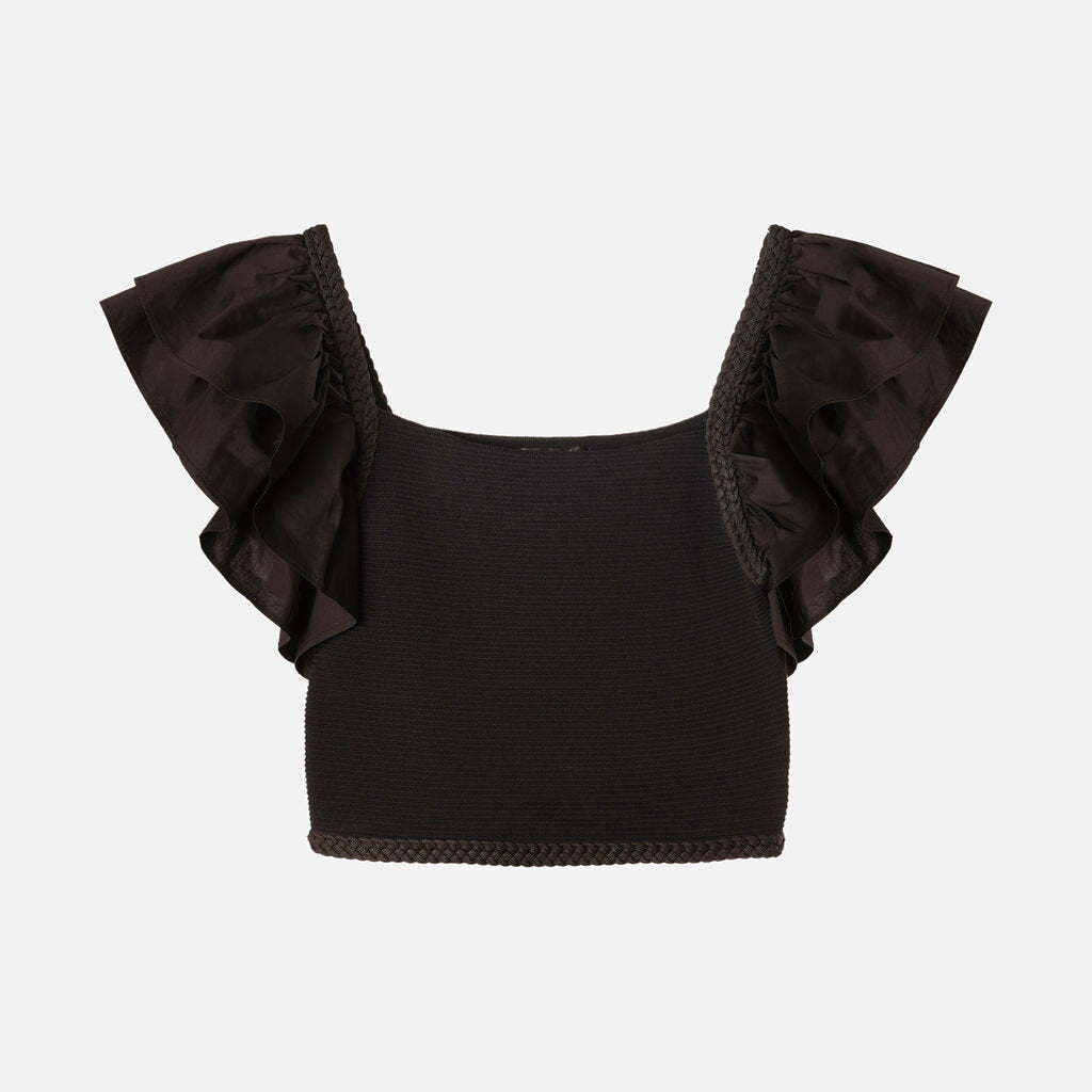 Line + Dot Black Rayon Cropped Ruffle Sleeve Top