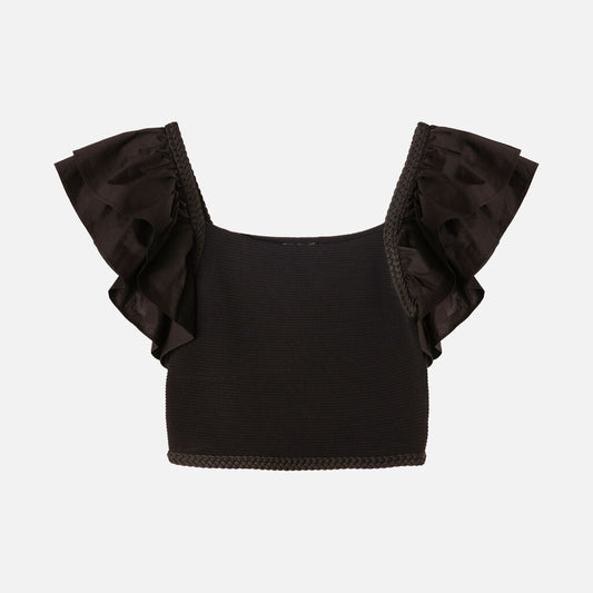 Line + Dot Black Rayon Cropped Ruffle Sleeve Top