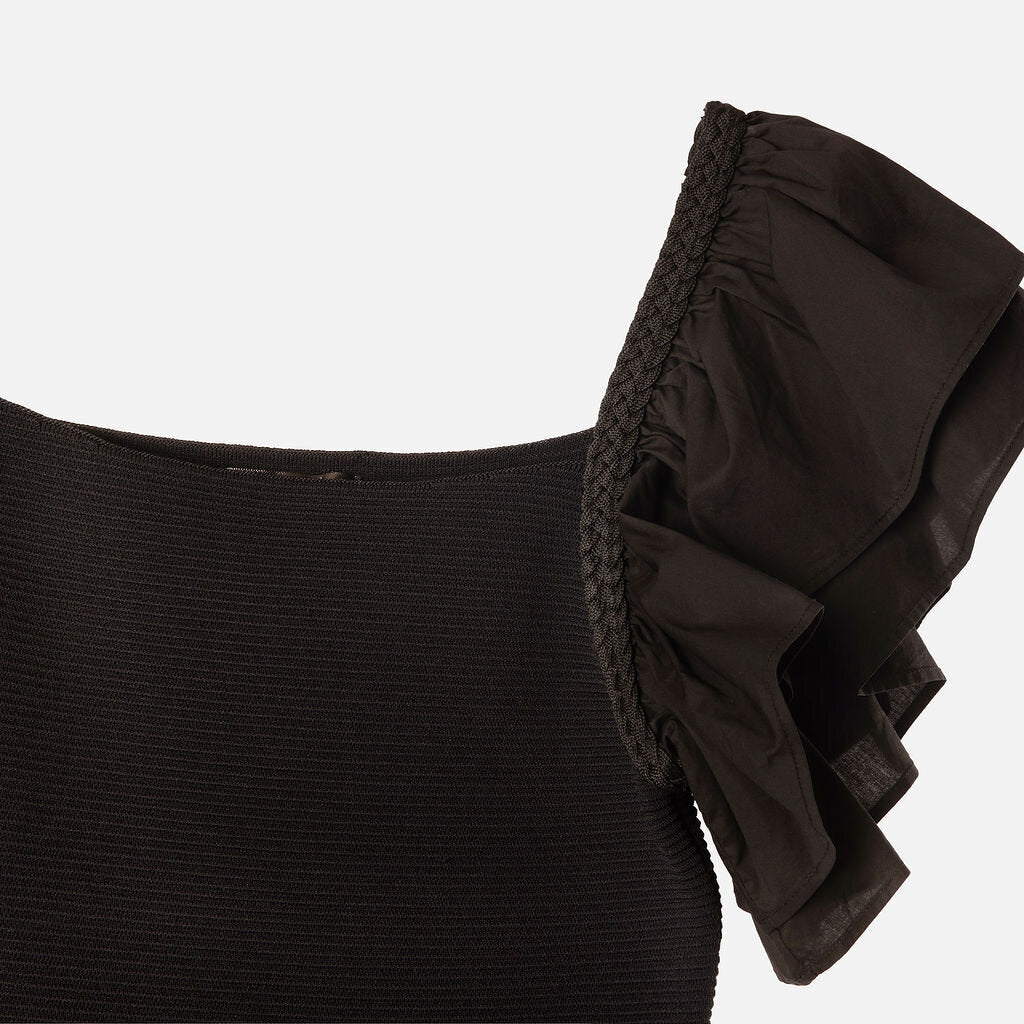 Line + Dot Black Rayon Cropped Ruffle Sleeve Top