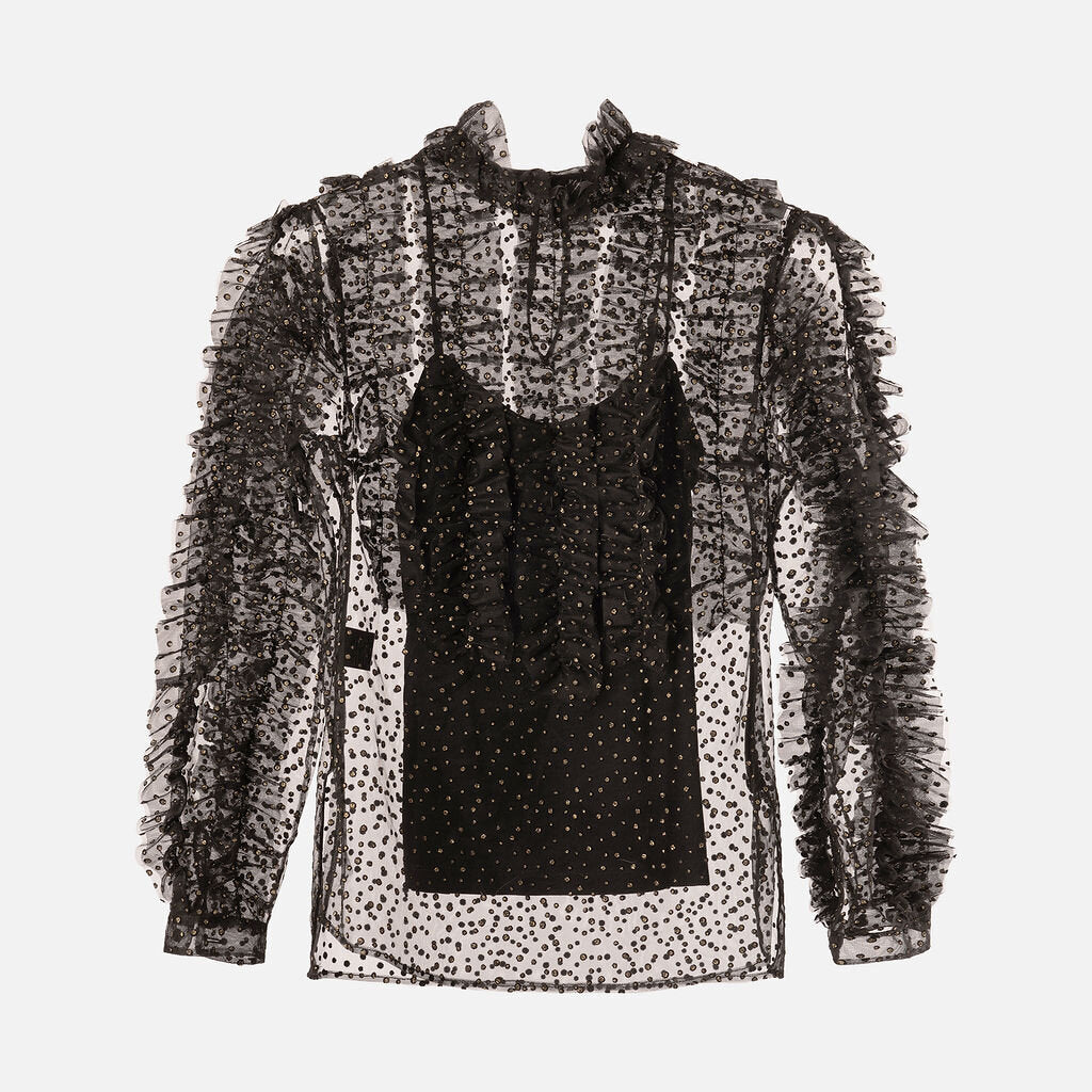 Akris Punto Black Embellished Sheer RuffleTulle Top