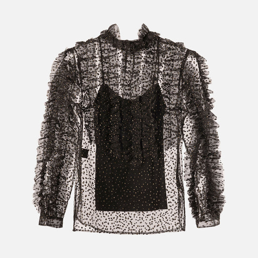 Akris Punto Black Embellished Sheer RuffleTulle Top