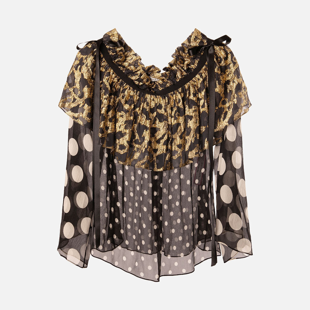 Nina Ricci Polkadot Silk Metallic Off-Shoulder Blouse