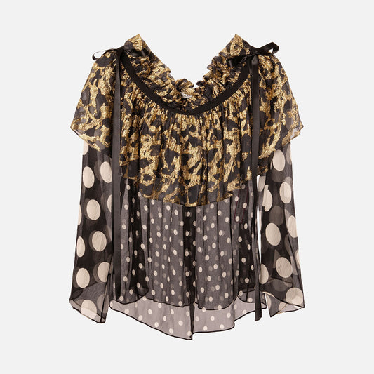 Nina Ricci Polkadot Silk Metallic Off-Shoulder Blouse