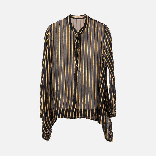 Etro Black & Gold Pinstripe Silk Button Up Top