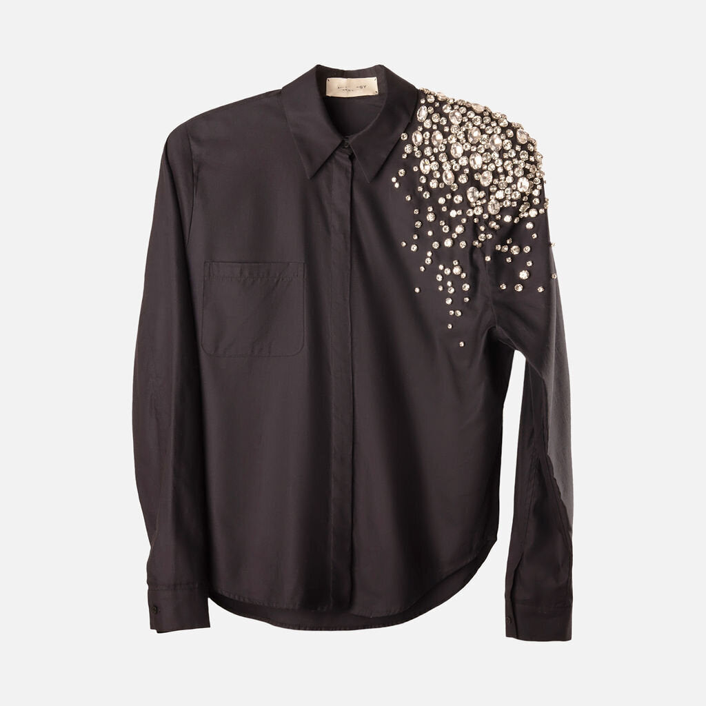 Helessy Navy Cotton Crystal Embellished Button Up Top