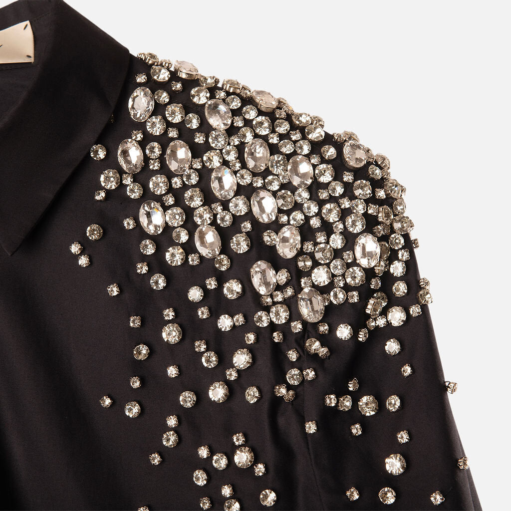 Helessy Navy Cotton Crystal Embellished Button Up Top
