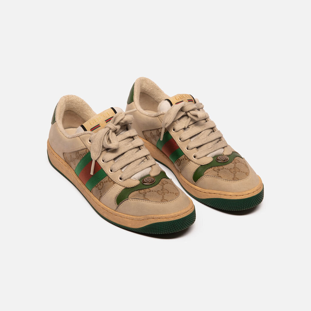 Gucci Cream & Green Suede Canvas GG Sneaker