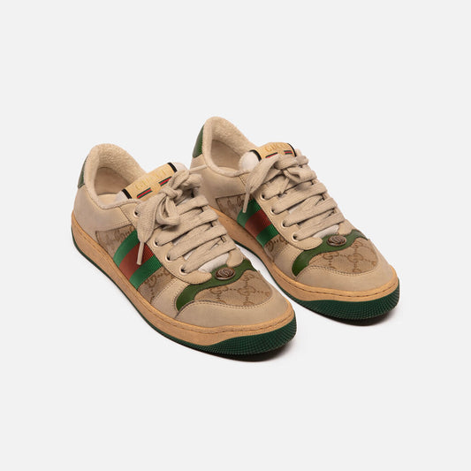 Gucci Cream & Green Suede Canvas GG Sneaker