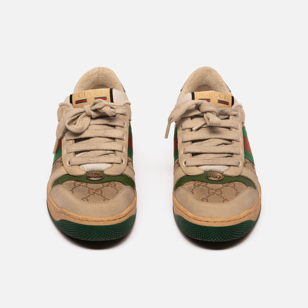 Gucci Cream & Green Suede Canvas GG Sneaker