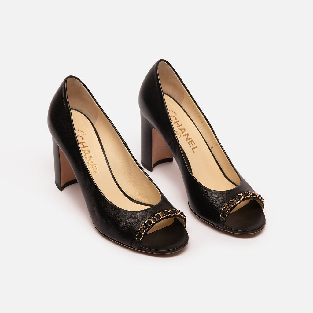 Chanel Black Leather Peep Toe Heels