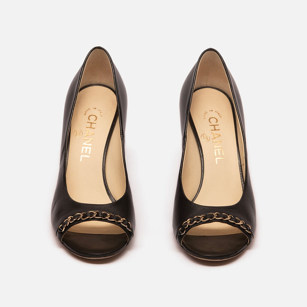 Chanel Black Leather Peep Toe Heels