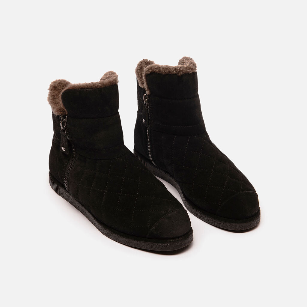 Chanel Black Suede Shearling-Lined Boots
