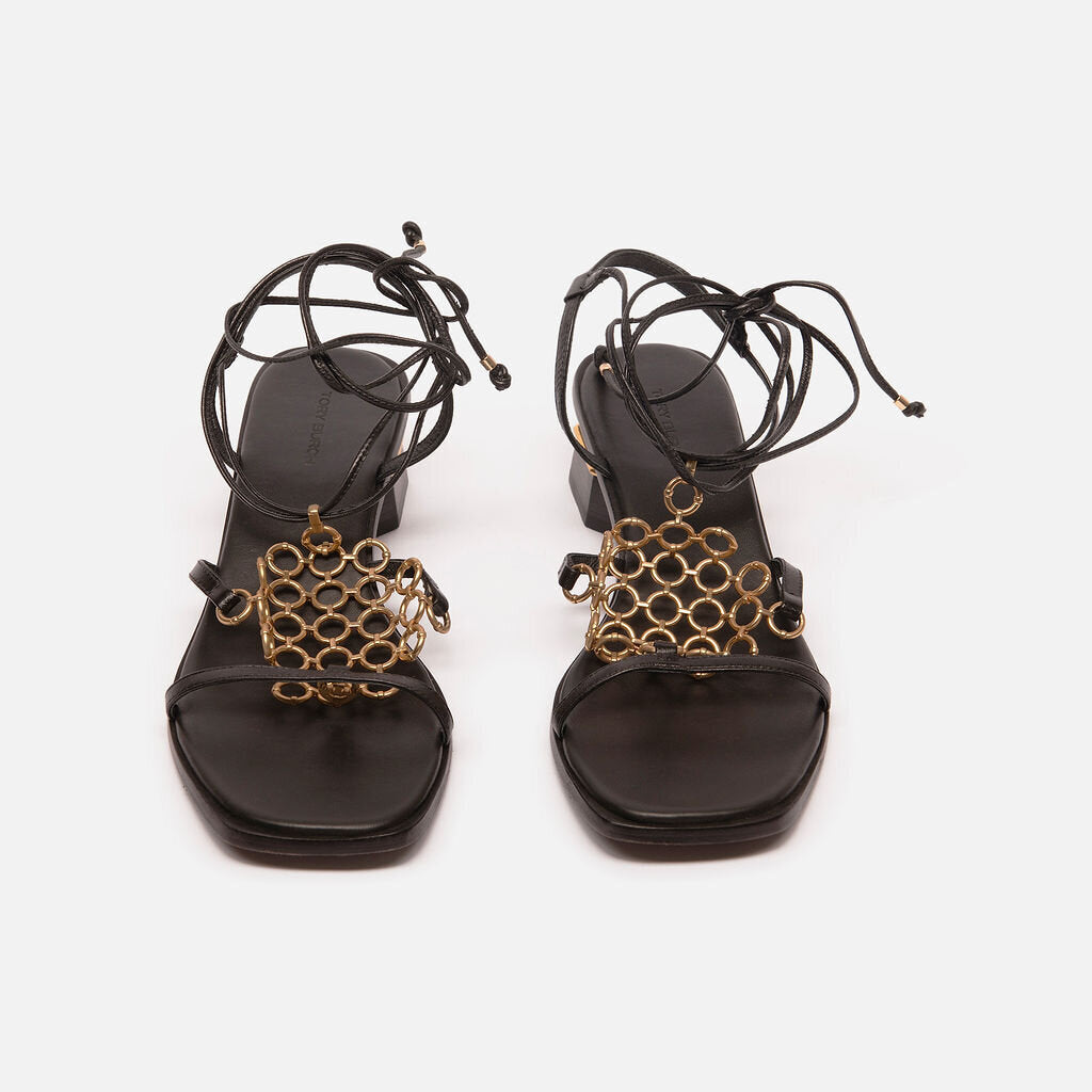 Tory Burch Black Leather Chain Accent Sandals