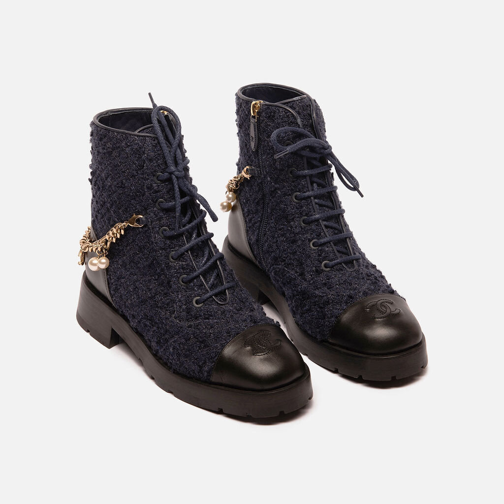 Chanel Navy Tweed Faux Pearl Chain Ankle Boot