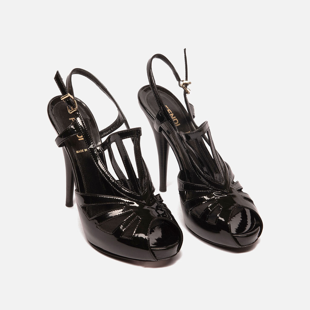 Fendi Black Patent Leather Slingback Platform Heel