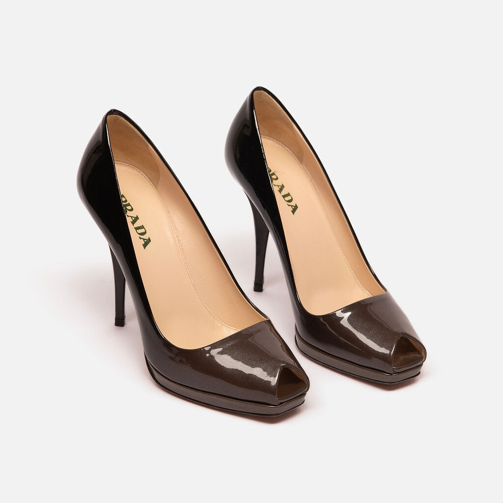 Prada Black Ombre Patent Leather Peep Toe Pump
