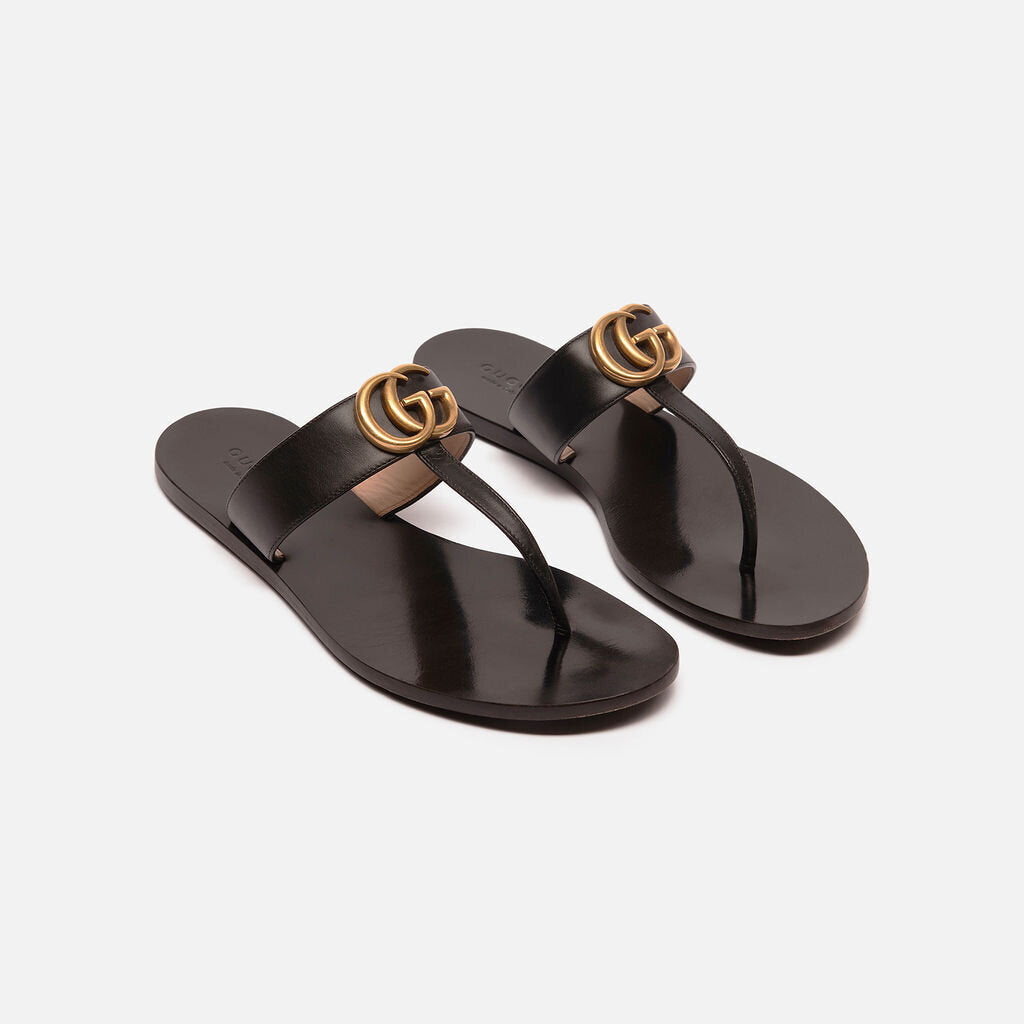 Gucci Black Leather T Strap Sandals
