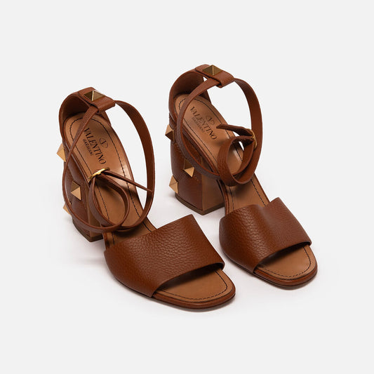 Valentino Brown Leather Stud Ankle Strap Heel